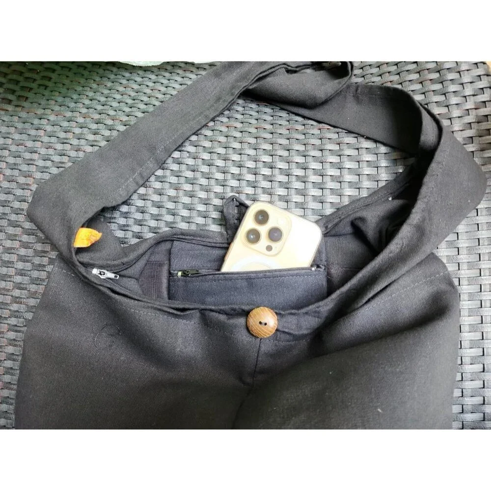 Cotton Sling Crossbody Bag Unisex Hippie Hobo Large Black Zipper